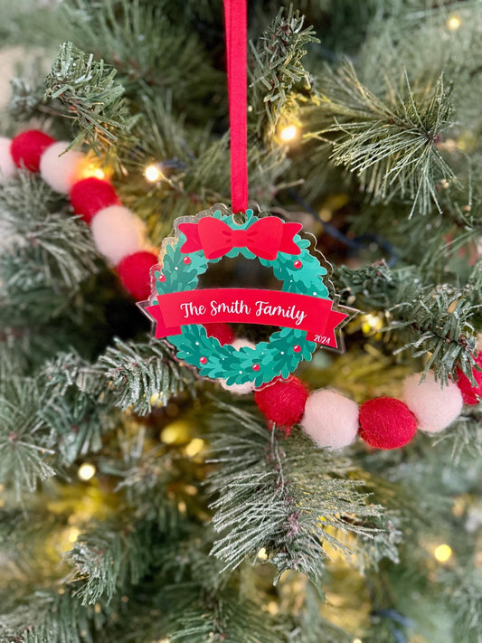 Custom Christmas Wreath Family Name Ornament